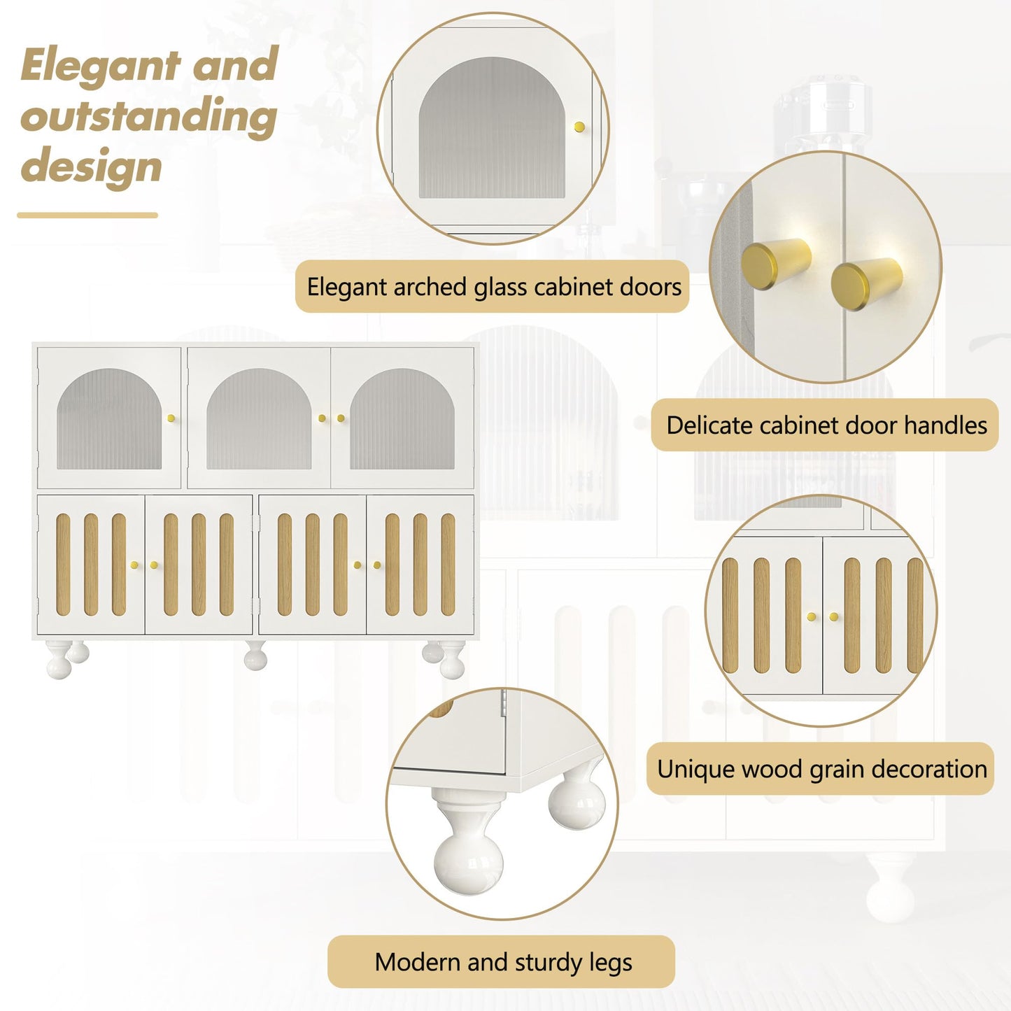 Buffet Salon Moderne, Longue Porte en Verre au Design Arc-en-ciel, Porte de Bar à clés de Piano, Pieds de Colonne Ronds, Armoire de Rangement Élégante, Armoire de Buffet au Design Unique, Blanc/Noir