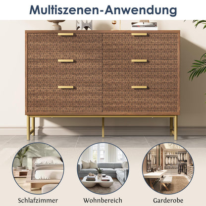 Kommode, Sideboard, Küchen Schrank, Mehrzweckschrank 6 Schubladen mit Griffen, Kippsicher, Höhenverstellbar, Geeignet für Wohnzimmer, Schlafzimmer, Esszimmer, 120 x 75 x 40 cm (B/H/T), Walnussfarbe