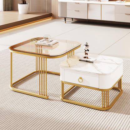 Table Basse,Lot de 2 Tables Basses carrées,Aspect marbre Brillant Blanc et Plateau en Verre Brun thé,Or Structure en métal et poignée dorée,avec tiroirs,Table de Salon 60x60x45cm & 50x50x34cm