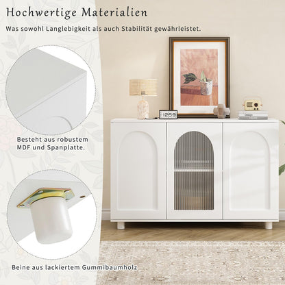 Sideboard mit 3 Türen, Küchenschrank Glastür, Kommode U-förmig Einfaches Design, Mehrzweckschrank Hohe Belastung, Verstellbare Regalhöhe, Sprungbrett-Design, 120 x 78.5 x 40 cm(B/H/T), Weiß