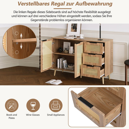 Buffet Vintage Rotin Style Bohème Bahut avec 2 Portes et 3 Tiroirs, Équipé de Poignées Noires, Armoire de Style Maison de Campagne pour Salle à Manger, Cuisine, Entrée, Salon (Bois Naturel/Noyer)
