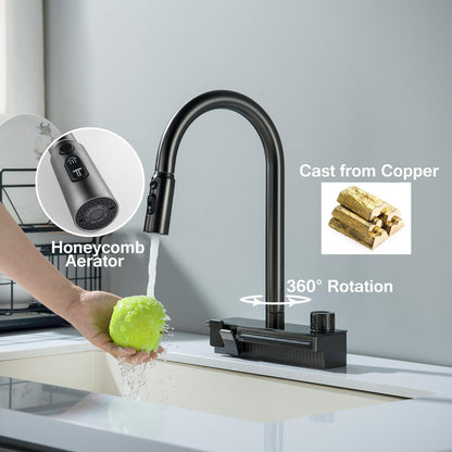 Robinet de Cuisine Cascade avec Douchette Extensible, Mitigeur Cuisine Cascade Unique avec Touches Piano et Bouton Rotatif, 4 Modes Robinet d'Évier de Cuisine Pivotant à 360°