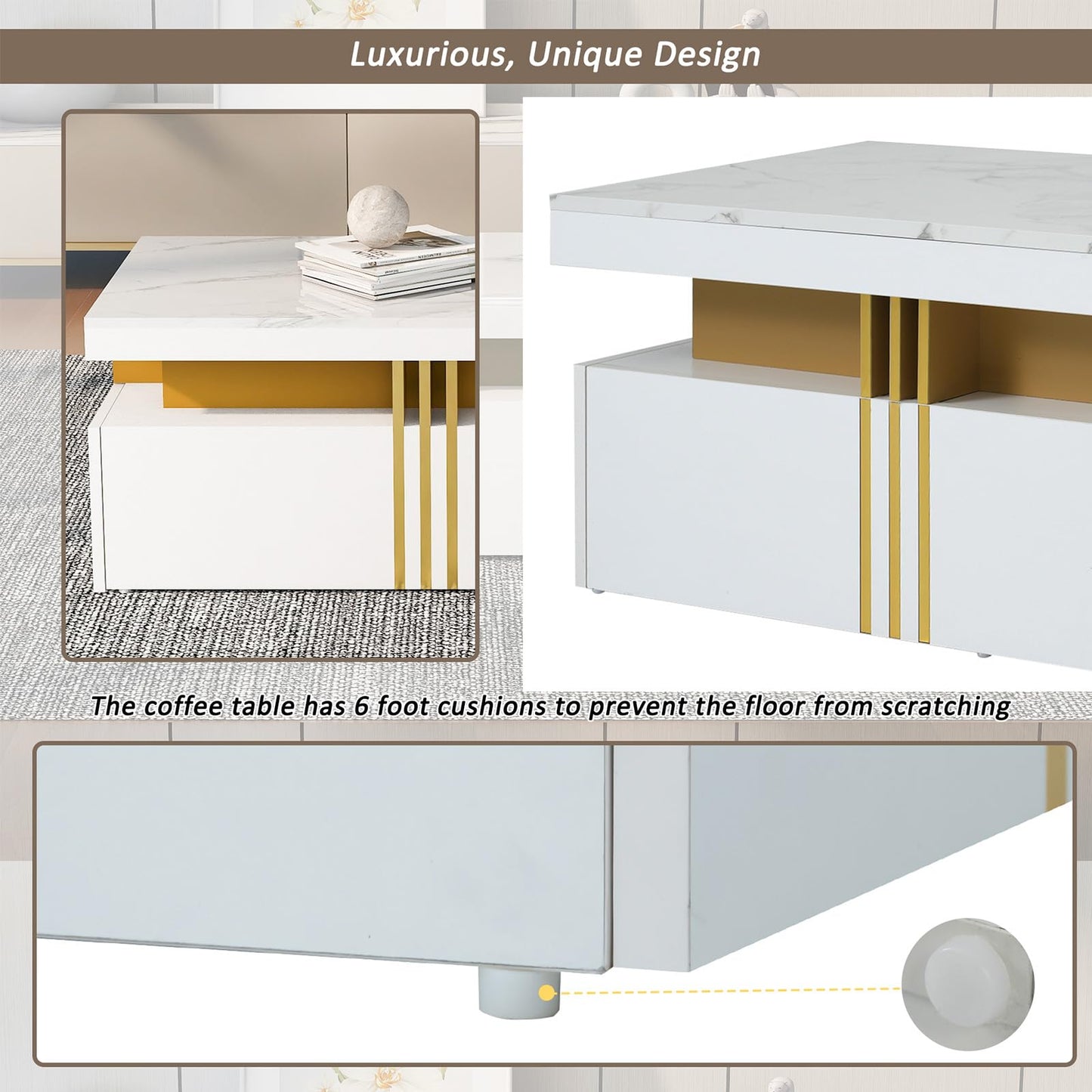 Peiaw Table Basse,Table Basse Salon,Table Basse en marbre Blanc,Table Basse rectangulaire Moderne,Table Basse avec 2 tiroirs en Bois,Bordure dorée métallisée sur Le côté,Table Basse 100 x 50 x 40cm