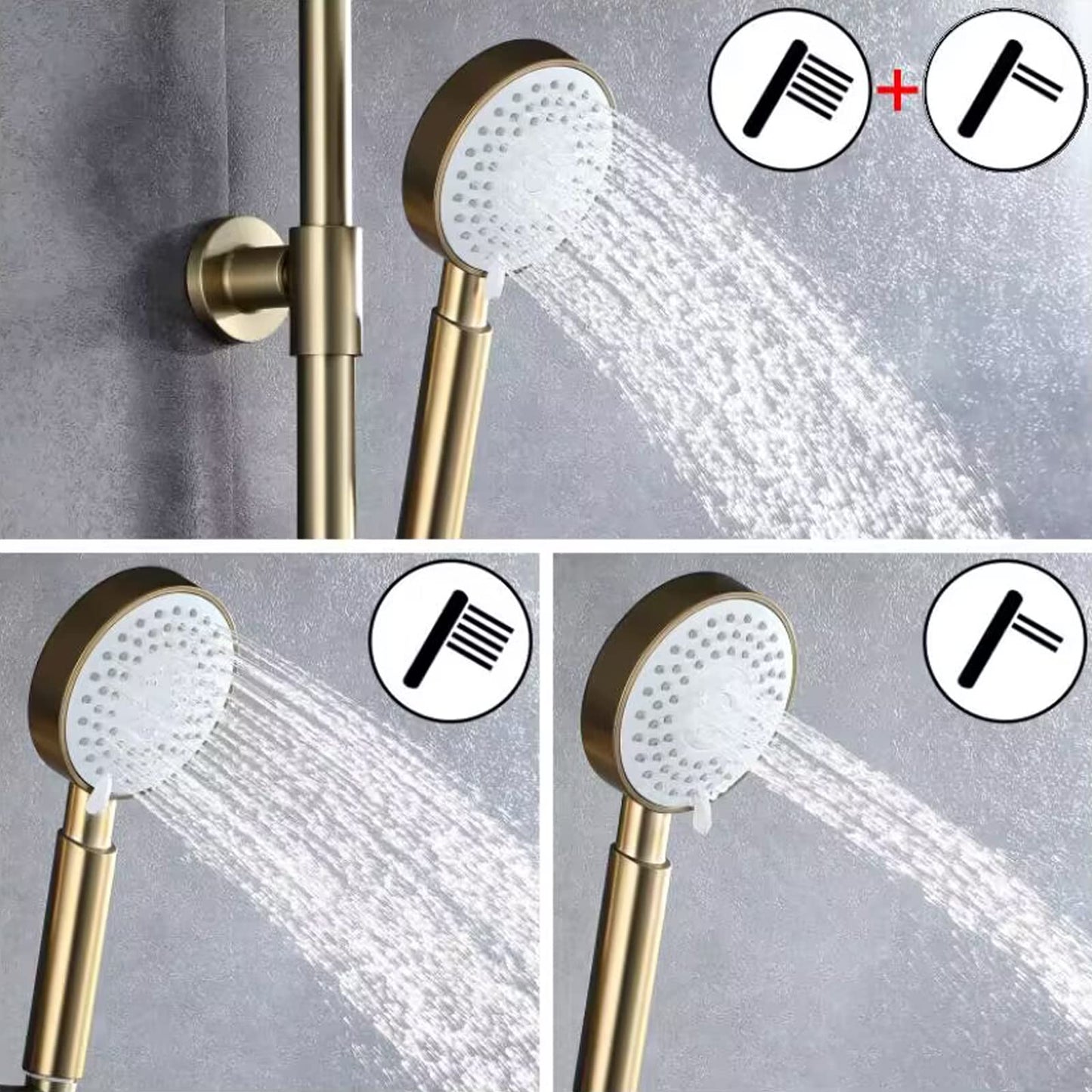Colonne de Douche Or Brossé Mural Système de Douche avec Mitigeur Set de Douche Réglable en Hauteur Ensemble de Douche Chaude et Froide Kit de Douche, Inclure Tête de Douche 23cm, Douchette 3 Jets