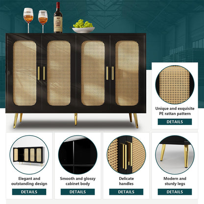 Sideboard, Kommode, Küchenschrank Rattan-Schranktür, Mehrzweckschrank mit 4 Türen, Schubladenschrank Kippschutz, Aufbewahrungsschrank Kratzfeste Oberfläche, 120 x 89 x 30 cm (B/H/T)