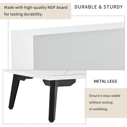 170cm Meuble TV Blanc pour TV 70 pouces, Moderne et Simple Banc TV avec 2 Portes et 1 Tiroir, Séparateurs Internes Réglables, Pieds en Métal Robustes avec Coussinets Souples, Facile à Assembler