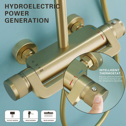 Colonne de Douche Thermostatique Dorée Ensemble Douche Mural Système de Douche 3 Fonctions Kit de Douche avec 33 * 22cm Douche de Tête, 3 Modes Pommeau de Douche, Mitigeur de Douche Cascade