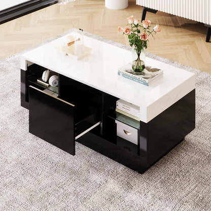 Table basse,Table basse salon,Table basse blanche et noire,Table basse aspect marbre brillant,Table basse avec un tiroir,Cloisons en verre des deux côtés avec éclairage LED,Table basse 100x42x50cm