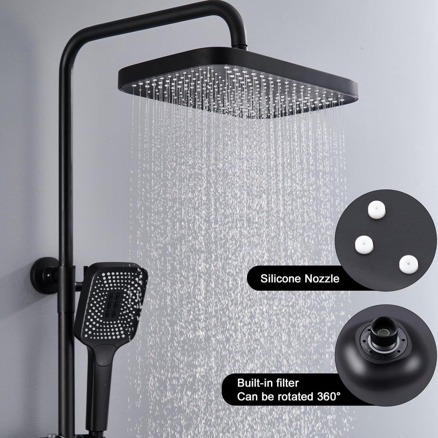 Noir Colonne de Douche Thermostatique, Système de Douche Piano Mural Ensemble de Douche Réglable en Hauteur Set de Douche avec Mitigeur,3 Modes Douchette,12 Pouces Douche de Tête