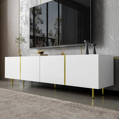 Meuble TV 170cm, Meuble Télé de Salon Quatre Portes Haute Brillance, Armoire De Télévision avec 2 Ports de Gestion des Câbles, Table Télévision Peut Accueillir Un Téléviseur de 70 Pouces, 170x35x46cm