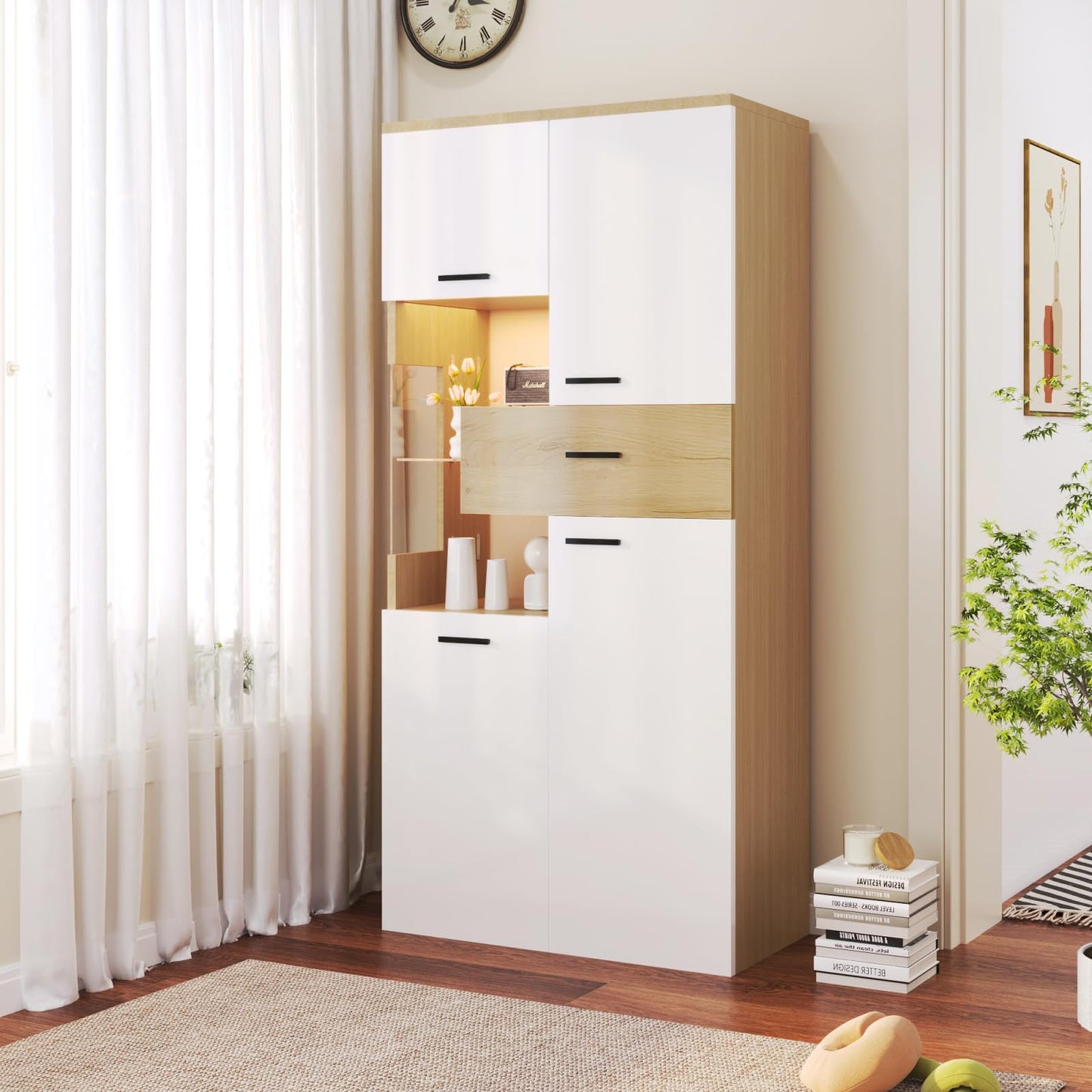 Buffet,Meuble de cuisine rangement,buffet Blanc avec 4 portes et 1 tiroir, buffet avec éclairage LED,Armoires avec éclairage, meubles avec portes vitrées,mobilier moderne 150 x 40 x 78 cm,vitrine