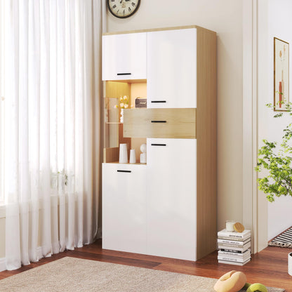 Buffet,Meuble de cuisine rangement,buffet Blanc avec 4 portes et 1 tiroir, buffet avec éclairage LED,Armoires avec éclairage, meubles avec portes vitrées,mobilier moderne 150 x 40 x 78 cm,vitrine