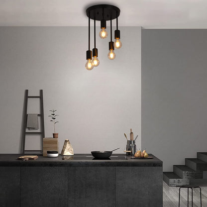 Plafonnier rétro, Lustre de ferme noir 5 lumières, Pendante Suspension Luminaire Industriel E27, Lampe Suspension Métal Retro, Plafonnier Luminaire, pour Chambre Salon et Cuisine hall-B