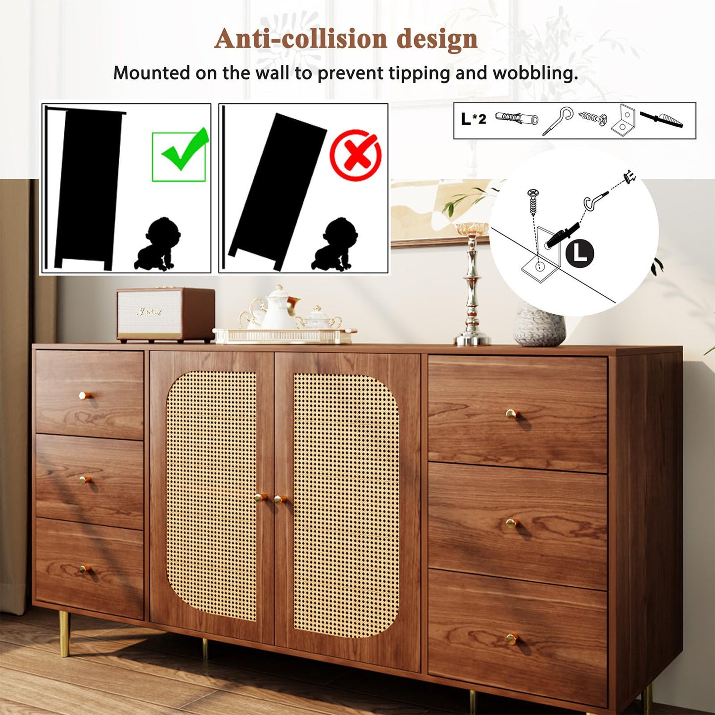 Sideboard, Kommode, Küchenschrank Rattan-Schranktür, Mehrzweckschrank mit 2 Türen und 6 Schubladen, Schubladenschrank Kippschutz, Aufbewahrungsschrank Kratzfeste Oberfläche, 160 x 90 x 40 cm (B/H/T)
