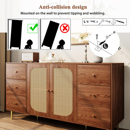 Sideboard, Kommode, Küchenschrank Rattan-Schranktür, Mehrzweckschrank mit 2 Türen und 6 Schubladen, Schubladenschrank Kippschutz, Aufbewahrungsschrank Kratzfeste Oberfläche, 160 x 90 x 40 cm (B/H/T)