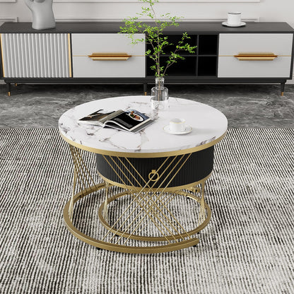 Table Basse,table basse ronde blanc,Lot de 2 Tables Basses de Salon Gigognes avec tiroirs, table de salon moderne aspect marbre et structure en acier doré, table de salon 70x70x45cm et 50x50x40cm