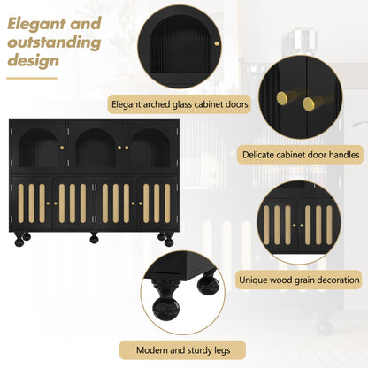 Buffet Salon Moderne, Longue Porte en Verre au Design Arc-en-ciel, Porte de Bar à clés de Piano, Pieds de Colonne Ronds, Armoire de Rangement Élégante, Armoire de Buffet au Design Unique, Blanc/Noir