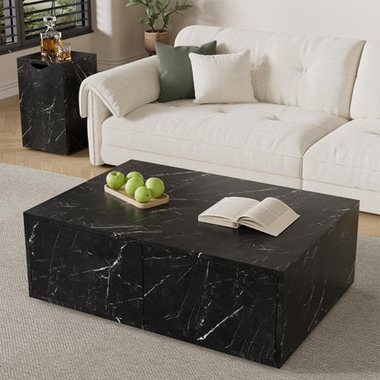 Table basse,Table d'appoint de canapé,Lot de 2 tables basses modernes noires,Table basse carrée avec tiroirs,Table basse motif marbre,Table basse modulable,Table basse 100x33,5x70cm et 32x32x50cm