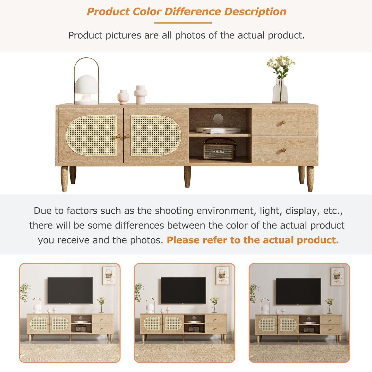 Billg Meuble TV 150cm, Armoire De Télévision 2 Portes Tressées en Rotin, Meuble Télé de Salon Pieds D'armoire Réglables, Table Télévision Convient pour Un Téléviseur de 60 Pouces, 3 Trous pour Câbles
