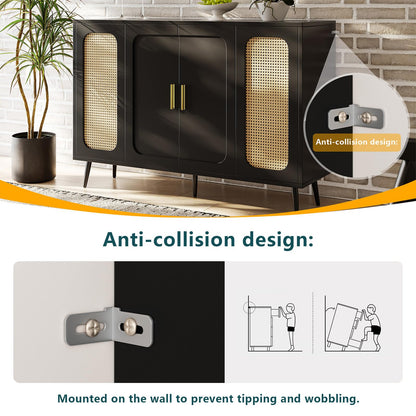 Buffet Cuisine, Meuble de Rangement, Commode 4 Portes, Armoire de Salon Porte D'armoire en Rotin, Bibliothèque Anti-Basculement, Étagères Réglables, Porte Blister, 120 x 89 x 35 cm (L/H/P), Noir