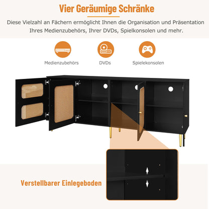 Meuble TV Blanc Banc TV en Rotin avec 4 Portes en Rotin,pour Téléviseurs Jusqu'à 80 pouces,180x40x72cm, Meubles TV élégants pour Salon Chambre,étagères réglables en Hauteur, Grand Espace de Rangement