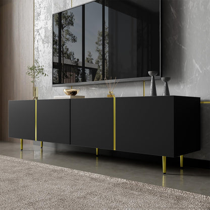 Meuble TV 170cm, Meuble Télé de Salon Quatre Portes Haute Brillance, Armoire De Télévision avec 2 Ports de Gestion des Câbles, Table Télévision Peut Accueillir Un Téléviseur de 70 Pouces, 170x35x46cm