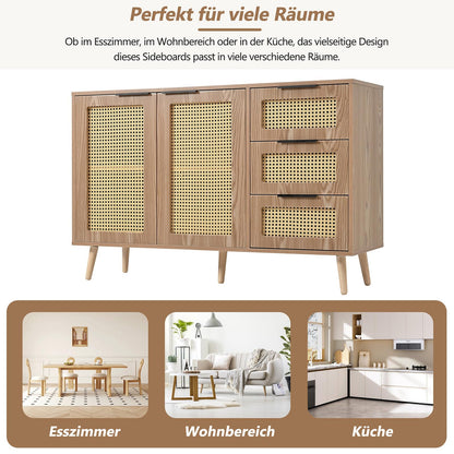 Meuble de Rangement, Buffet de Cuisine avec 2 Portes et 3 Tiroirs, Armoire de Salon Conception de Tissage en Rotin, Étagère Rangement Étagères Réglables, Poignée en Métal Peint, 120x38x78cm