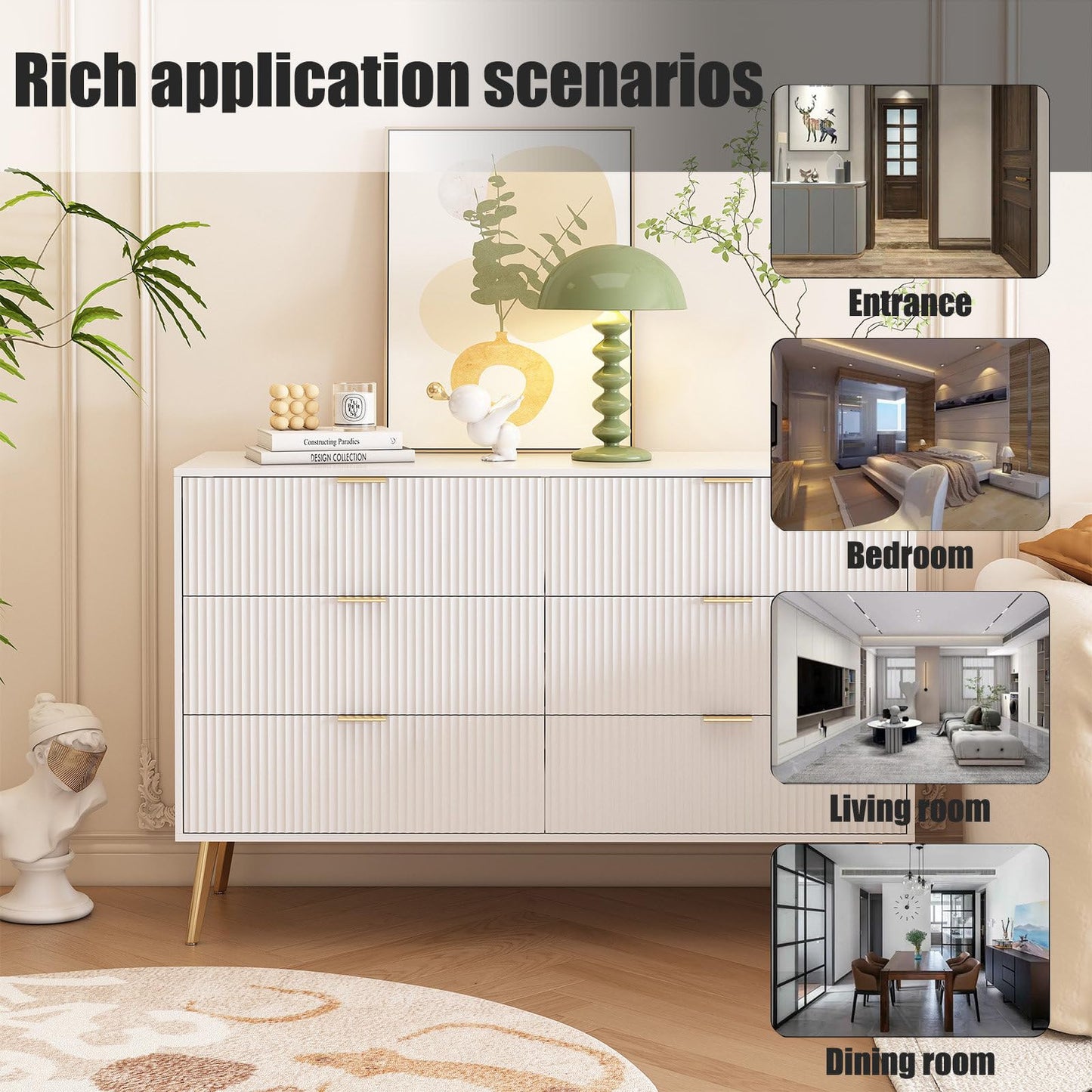 Sideboard Weiß Modernes, Kommode 6 Schubladen, Küchenschrank mit Vergoldeten Beinen und Griffen, Mehrzweckschrank Große Kapazität, 120 x 78 x 40 cm (B/H/T), für Schlafzimmer, Wohnzimmer, Esszimmer