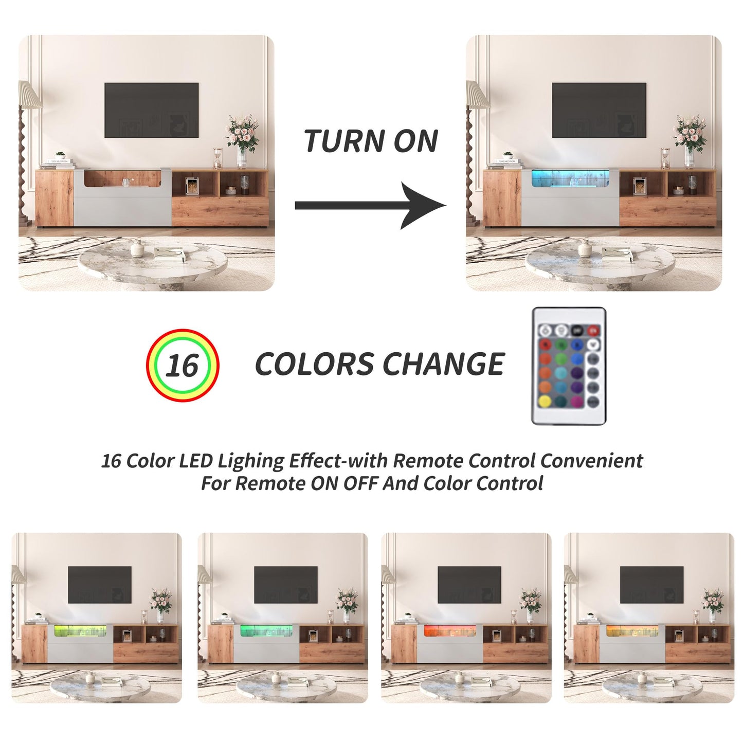 SHUGUANG Meubles TV 190 cm Longueur, Meubles Bas TV, Meubles de Salon Simples dans Les Couleurs Gris et Bois, Banc TV Style Maison de Campagne Naturelle avec Lumières LED à Couleurs Changeantes