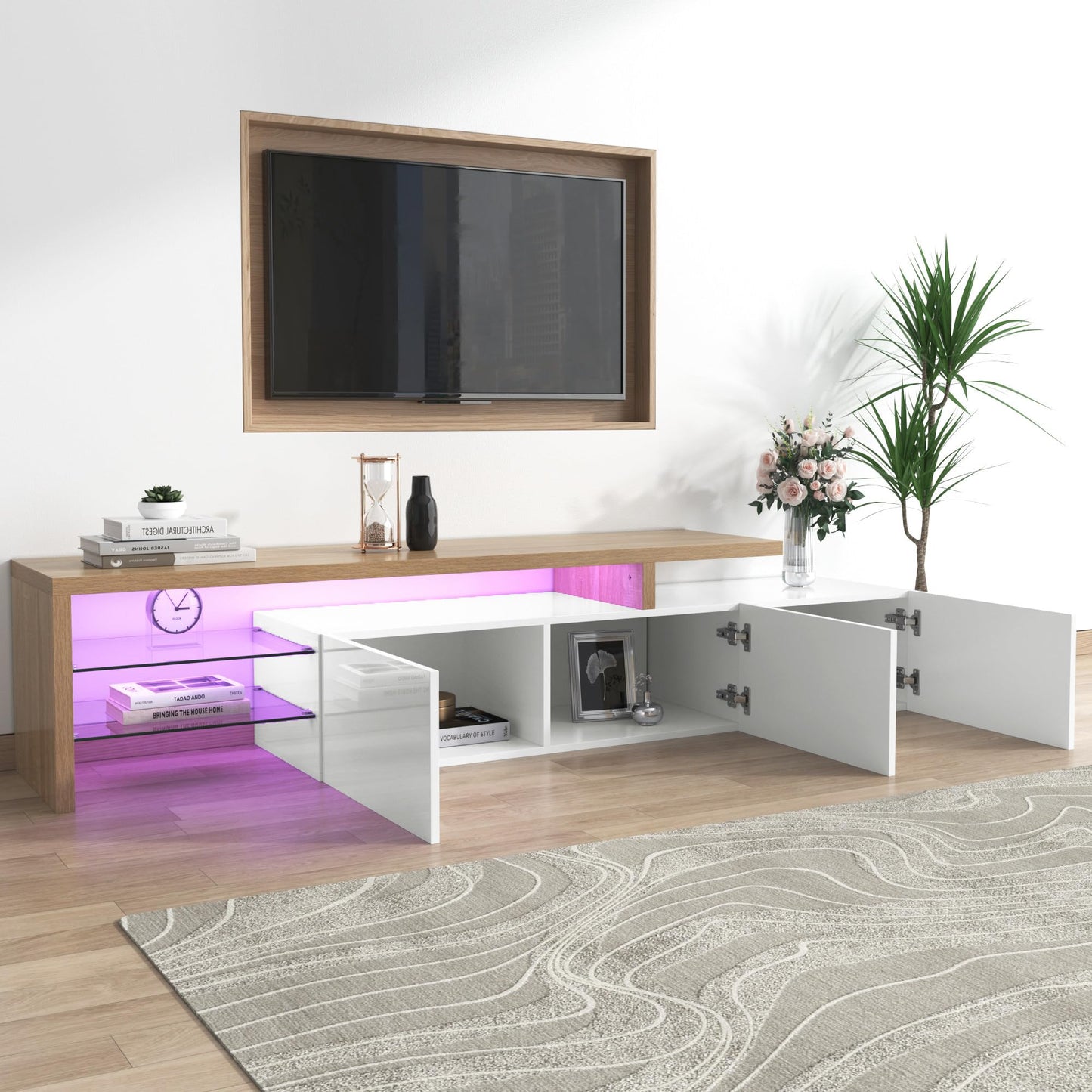 SHUGUANG Meuble TV 200 cm Longueur Meuble TV de Salon Moderne Élégance, Banc TV avec Étagères en Verre, Éclairage LED, Meuble TV Aspect Bois, Espace de Rangement Pratique, Brillant, 197,5x39x42cm