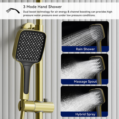 Colonne de Douche Thermostatique Doré Systeme de Douche Piano avec éclairage d'ambiance LED, Ensemble de Douche Mitigeur Hauteur Réglable avec Douche de Tête et Douchette, Baignoire Cascade