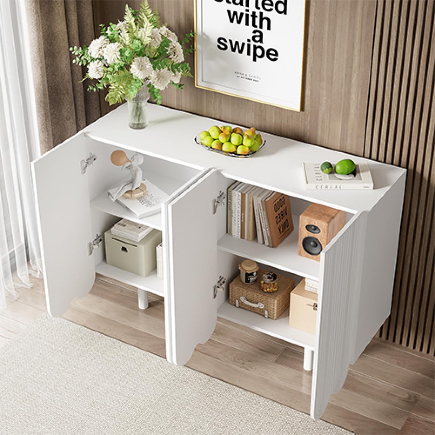 Peiaw Buffet,Meuble de Cuisine Rangement,Buffet avec 4 Portes et étagères réglables,Buffet en Forme de Larme, Blanc Meuble de Rangement 120 x 37.5 x 80.8 cm, Buffet avec charnières amorties