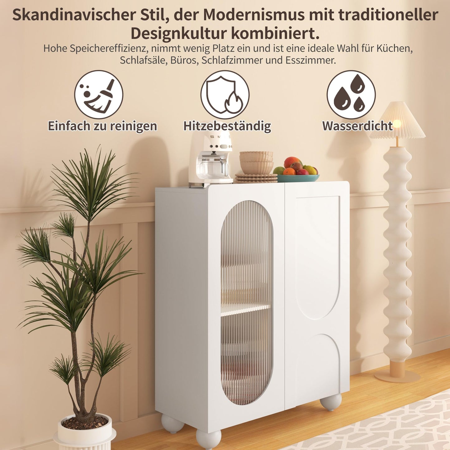 SHUGUANG 80 x 34 x 95 cm Blanc Scania-Style Buffet Cuisine Moderne Avoir Cloison Mobile, Buffet Cuisine avec Portes Vitrées,Buffet de Salon Applicables à Salon, Salle à Manger