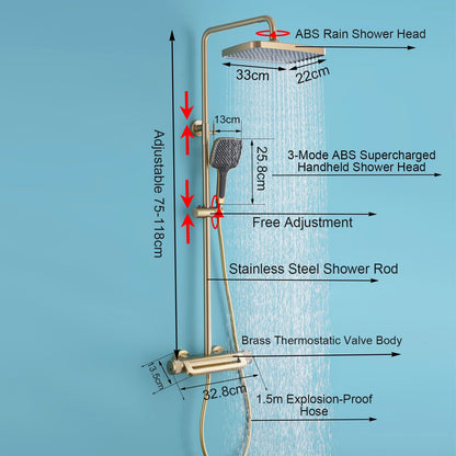 Colonne de Douche Thermostatique Dorée Ensemble Douche Mural Système de Douche 3 Fonctions Kit de Douche avec 33 * 22cm Douche de Tête, 3 Modes Pommeau de Douche, Mitigeur de Douche Cascade