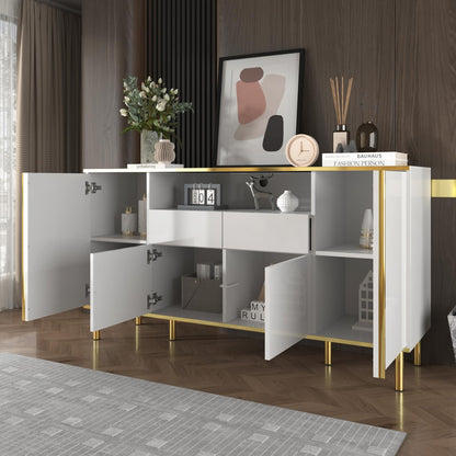 Peiaw Buffet,bahut Salon,Buffet avec 4 Portes et 2 tiroirs,Buffet avec éclairage LED,Meuble Chambre,Meuble Rangement Cuisine 150 x 40 x 80 cm,Commode de Style Moderne,Buffet avec Rangement Ouvert