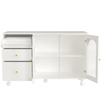 120 x 40 x 75.5 cm Armoire de Rangement Polyvalente, Armoire de Salon avec 3 Tiroirs et 2 Porte D'armoire Vitrée et Porte-Serviettes, Buffet Cuisine Applicable à Cuisine, Salon, Salle à Manger