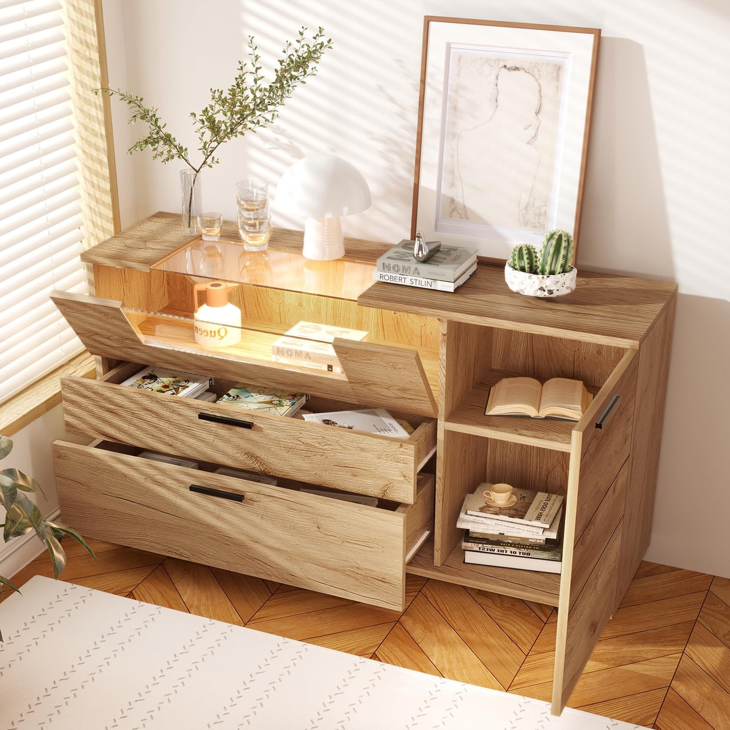 Buffet,bahut de salle a manger,buffet avec 2 tiroirs et 1 porte, buffet avec éclairage LED, Diviseur multifonctionnel,porte vitrée avec cordon de serrage spécial,Convient aux balcons et aux bureaux