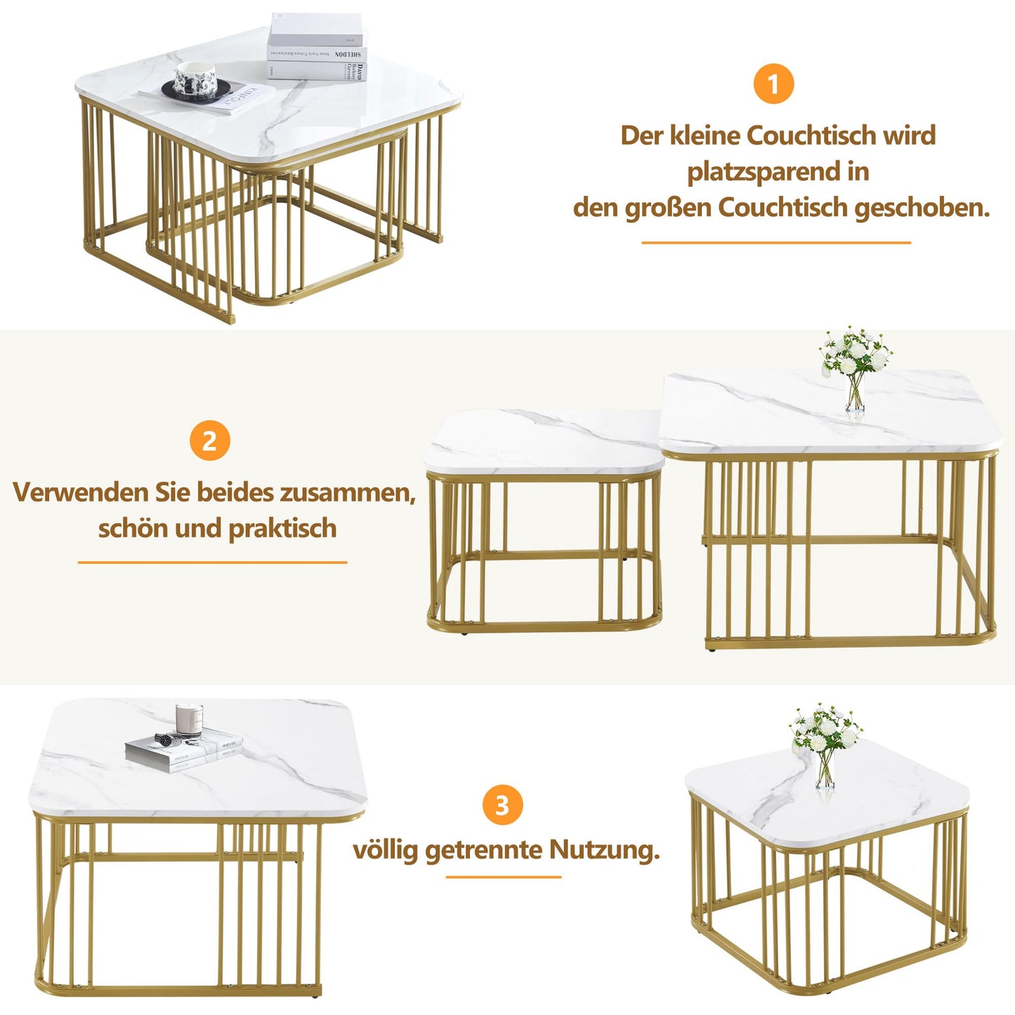 Lot de 2 Tables Basses Gigognes Carré, Tables Basse Empilable Aspect Marbre, Table Basse Salon Chambre avec Cadre en Métal, Polyvalent Tables Bassee pour Bureau, Appartement