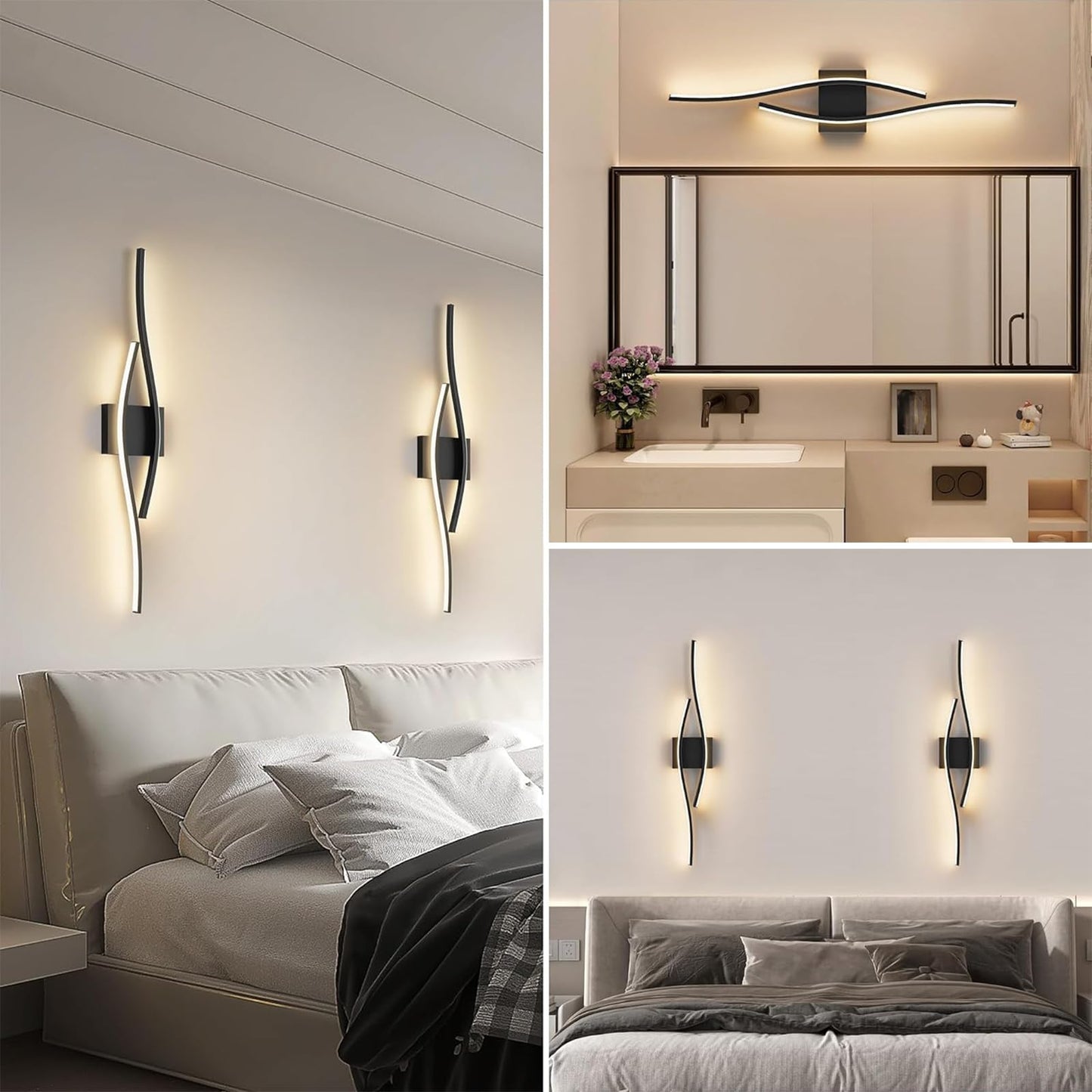 Applique Murale Interieur LED,18W Appliques Murales Interieur LED,3000K Blanc Chaud Lampe Murale Aluminium,60cm Moderne Noir Vague Design Lampe pour Salon Couloir Chambre Escalier Cuisine Hôtel