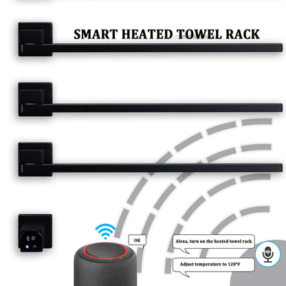 Schwarzer elektrischer Handtuchhalter, intelligenter WiFi-elektrischer Handtuchtrockner mit Timer, 45–60 °C, 5 Stangen, 180° drehbarer Handtuchwärmer, Heizkörper, Edelstahl, verkabelt, Wandmontage