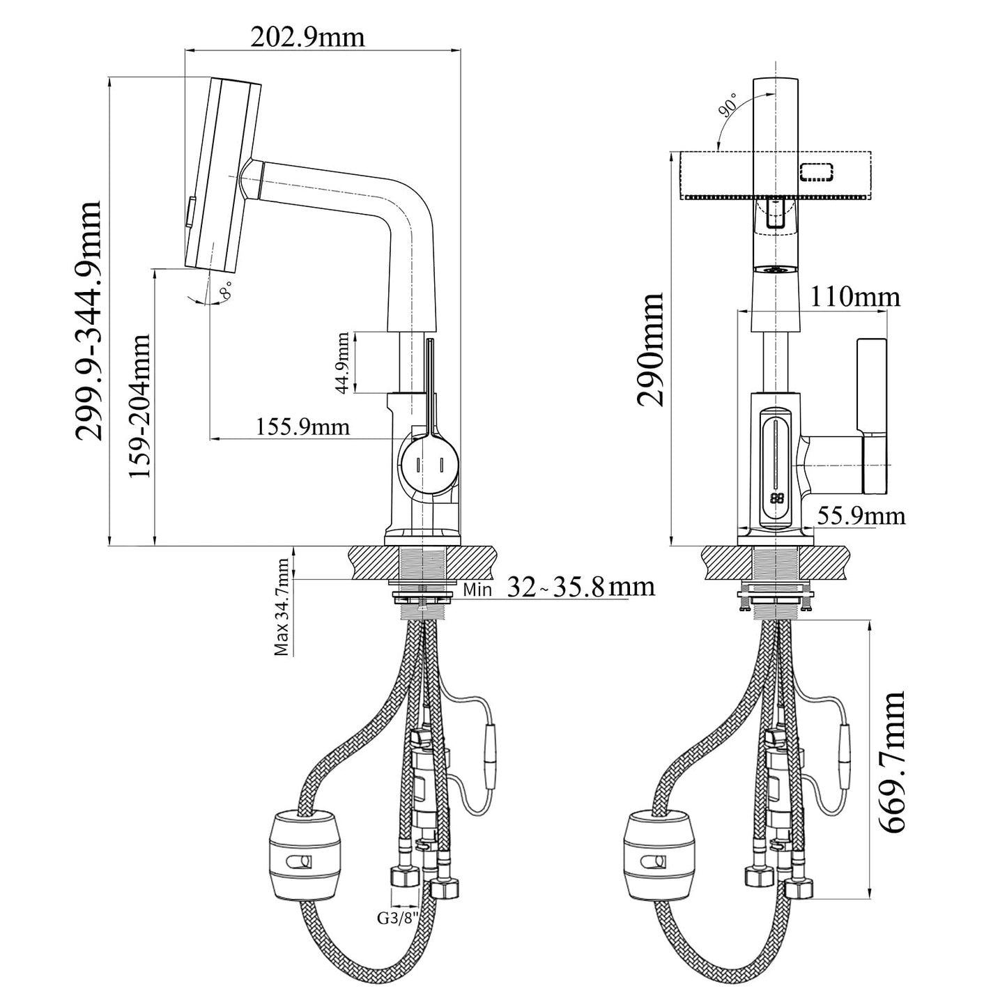 Robinet de Cuisine avec Douchette Extensible, Digital Affichage de la Température LED, Robinetterie Cuisine de Rotatif à 360°, 3 Modes Mitigeur d'Évier pour Lavabo Bains, Hauteur Réglable
