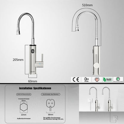 Robinet Chauffant Instantané Cuisine 230V, 3200W Robinet Chauffe eau Électrique Instantané avec Affichage de la Température LED et Flexible Bec, Rotatif à 360° Mitigeur en Acier Inoxydable