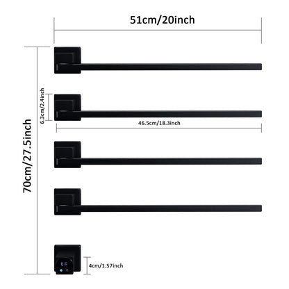 Sèche-Serviettes Électrique avec 4 Barres Porte-Serviettes électrique Noir à 180°, 75W 51 * 70cm Mural Chauffe-Serviettes Intelligent, écran LED, contrôle Tactile