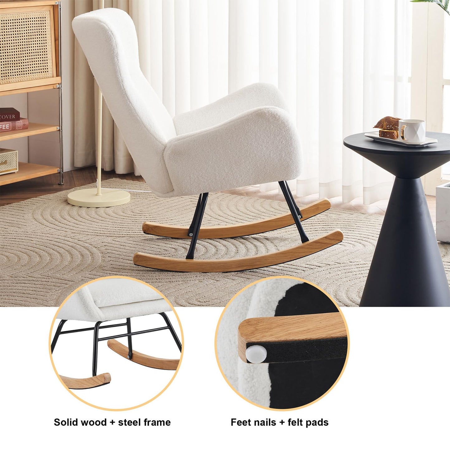 Fauteuil à Bascule, Allaitement Rocking Chair Épaissir Rembourré, Scandinave Velours Peluche Chaise Loisir avec Pieds en Bois Massif, Capacité 150 kg, pour Salon, Chambre, Balcon, 96x68x90cm