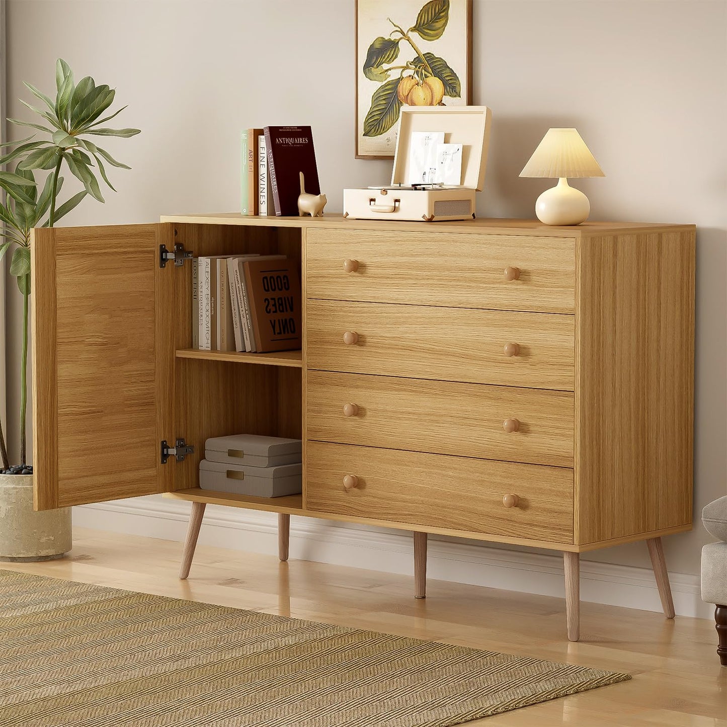 Buffet,meuble de rangement cuisine,Buffet en bois, meuble de rangement multifonctionnel,buffet bas,Commode avec 4 tiroirs et 1 porte en rotin, buffet avec grand espace de rangement 120 x 40 x 83 cm