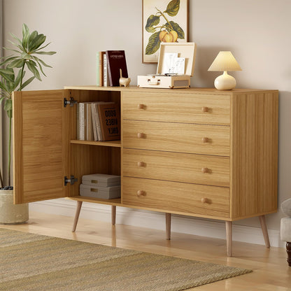 Buffet,meuble de rangement cuisine,Buffet en bois, meuble de rangement multifonctionnel,buffet bas,Commode avec 4 tiroirs et 1 porte en rotin, buffet avec grand espace de rangement 120 x 40 x 83 cm