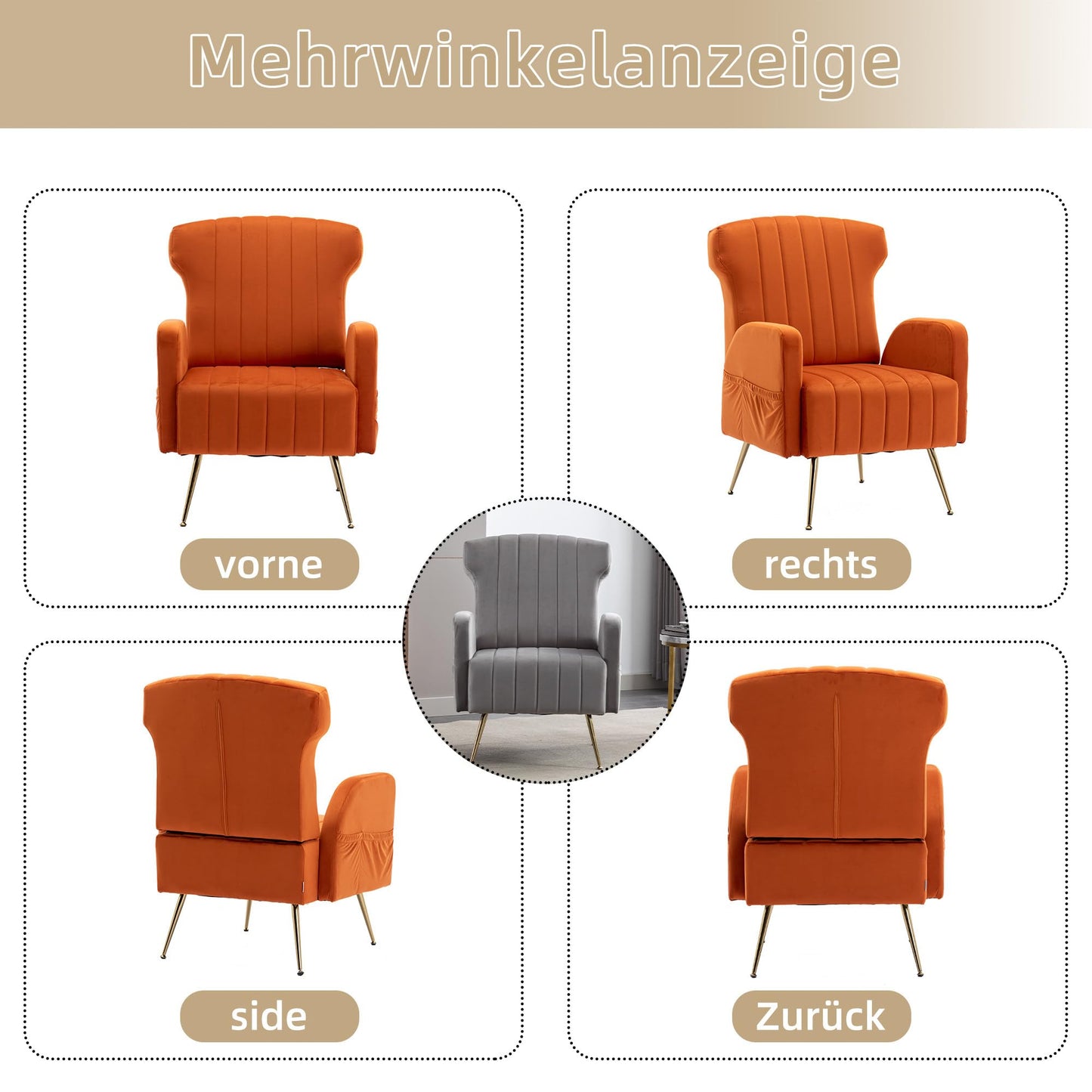 SHUGUANG Fauteuil Confortable Velours, Fauteuil Salon Confortable Chaise Coiffeuse avec Pieds Métalliques Dorés, Forme de Chaise Cigare Chaise de Lecture en Vigueur Chambre à Coucher, Salon