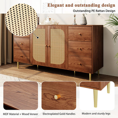 Sideboard, Kommode, Küchenschrank Rattan-Schranktür, Mehrzweckschrank mit 2 Türen und 6 Schubladen, Schubladenschrank Kippschutz, Aufbewahrungsschrank Kratzfeste Oberfläche, 160 x 90 x 40 cm (B/H/T)