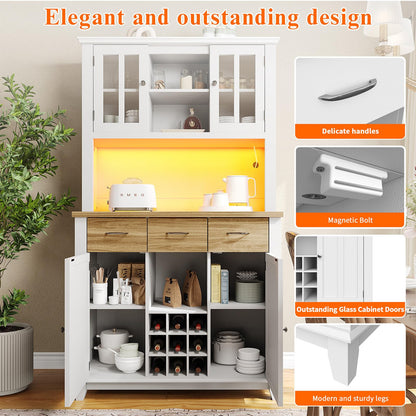 Buffet de Cuisine avec Éclairage LED, Armoire de Cuisine Anti-Basculement, Meuble Cuisine Rangement Étagères Réglables, Bibliothèque avec Poignée en Alliage D'aluminium, 106 x 40 x 179.5 cm