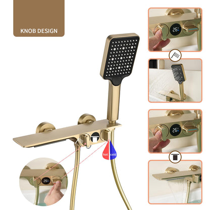 Robinet De Baignoire Cascade avec Affichage de la Température, Or Brossé Mitigeur Baignoire Mural avec Douchette À 3 Fonctions Robinet Pour Bain De Salle De Bain, 1.5M PVC Tuyau